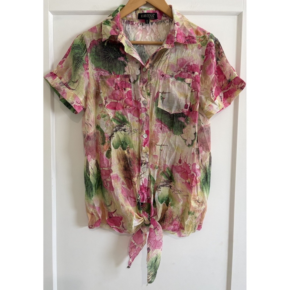 LAVENA Sheer Floral Blouse M Medium Pink Green Lace Back Button Up Front Tie Top